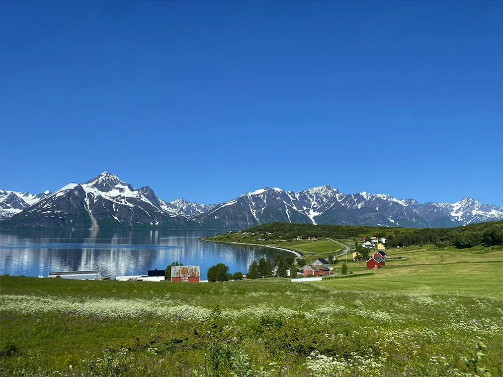 Campingplass i storslått natur ved fjorden, med plass for bobil og campingvogn